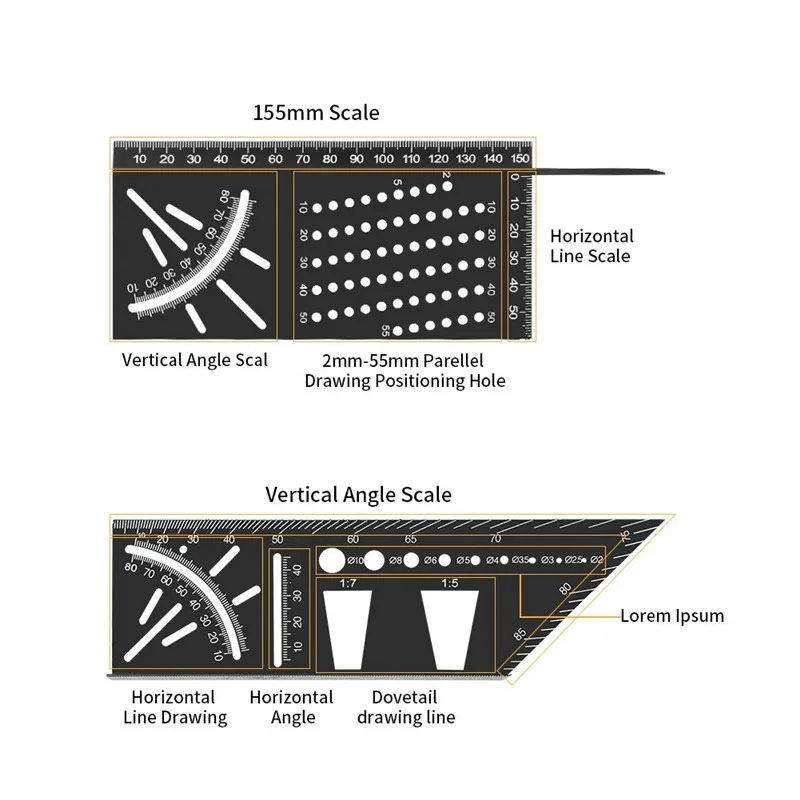 Premium Aluminum Alloy Woodworking Square Ruler - 3D Mitre Angle Measuring Template Tool - 45/90 Degree Carpenter\'s Layout Gauge