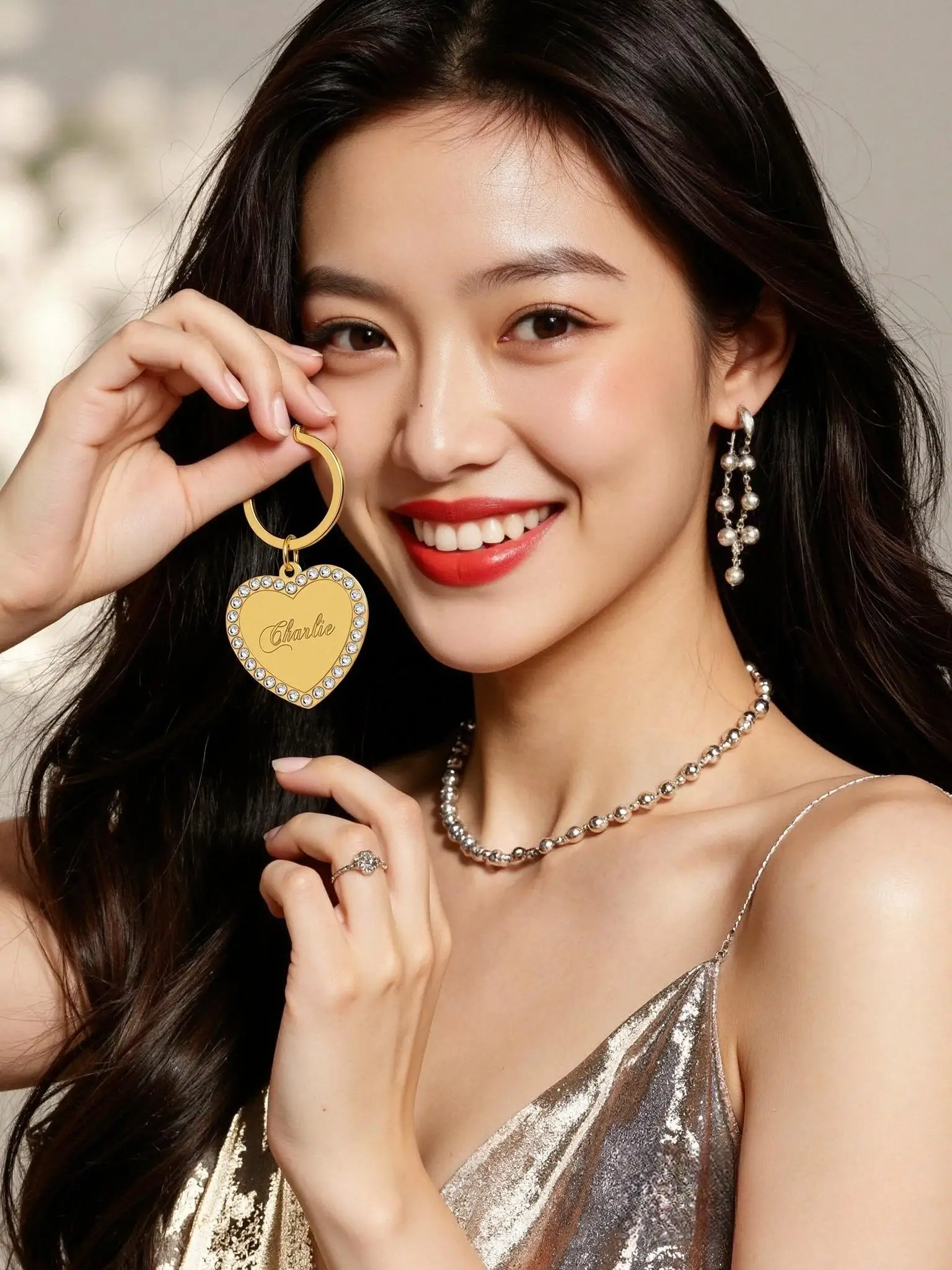 

Personalized Keychain With DoubleSided Carving Custom NameText Available Sparkling Rhinestones Heart Design Gift Your Loved Ones
