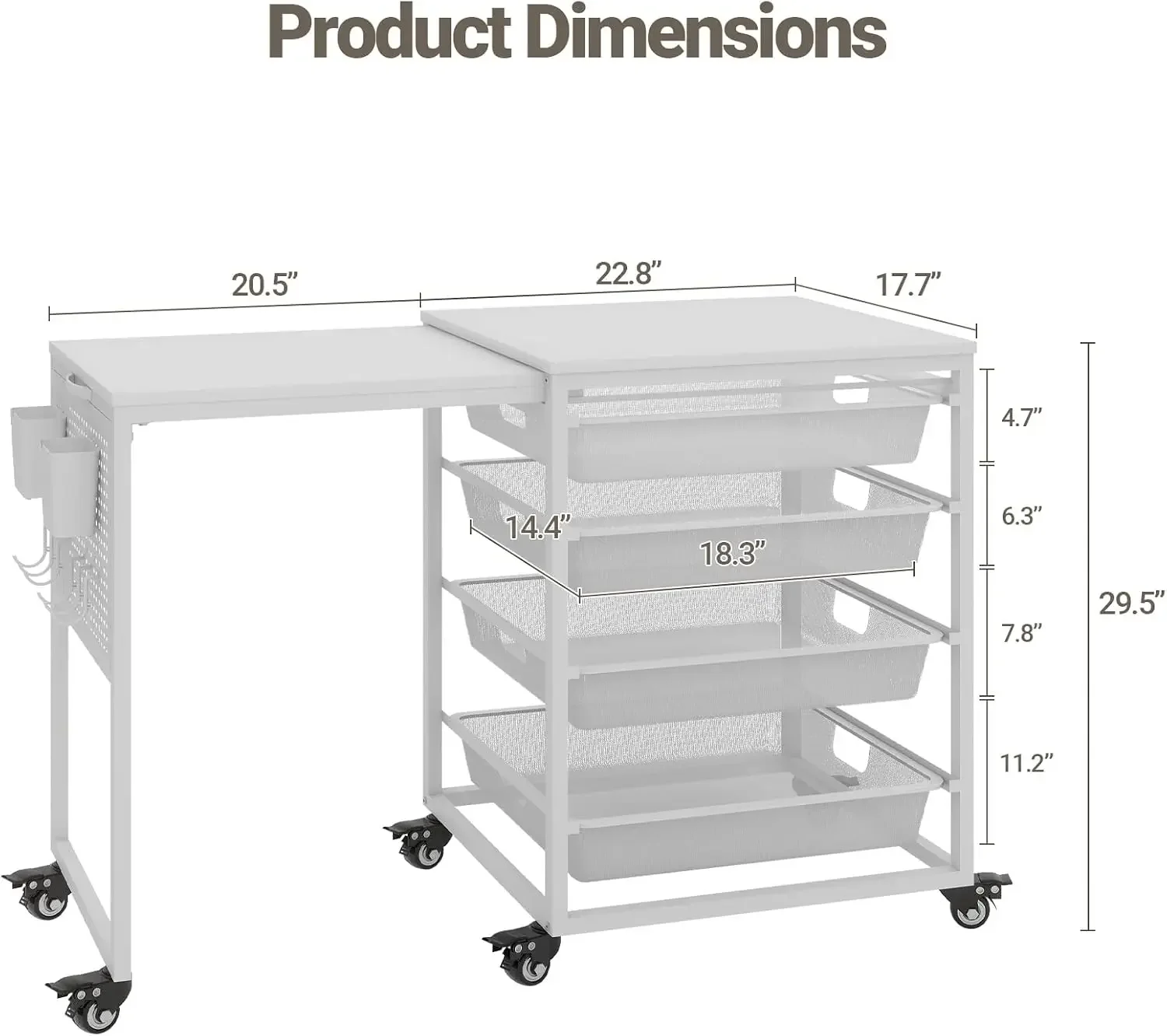 Craft Table with Wheels & Drawer,Extendable Cart with Pegboard,White | Rolling Crafting Desk for Cricut,Sewing, Arts and Scrapbo