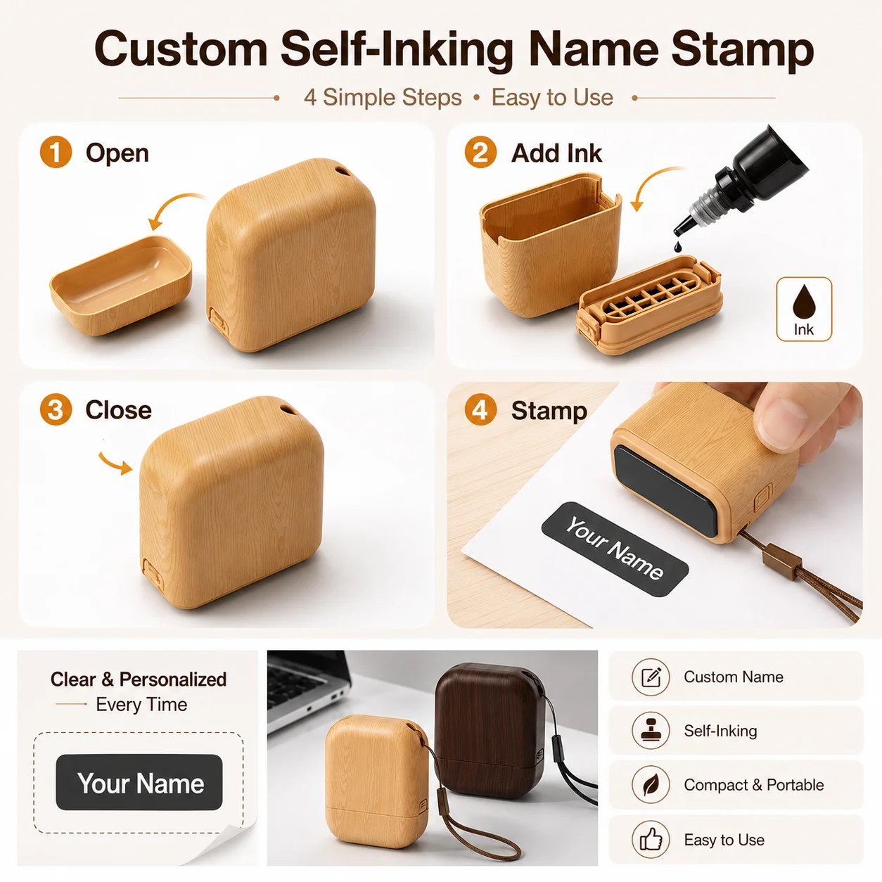 Personalized Plastic Wood Grain Custom Name Stamp Self Ink Office Seal Reusable Custom Stamp For Documents Clothing School view 5