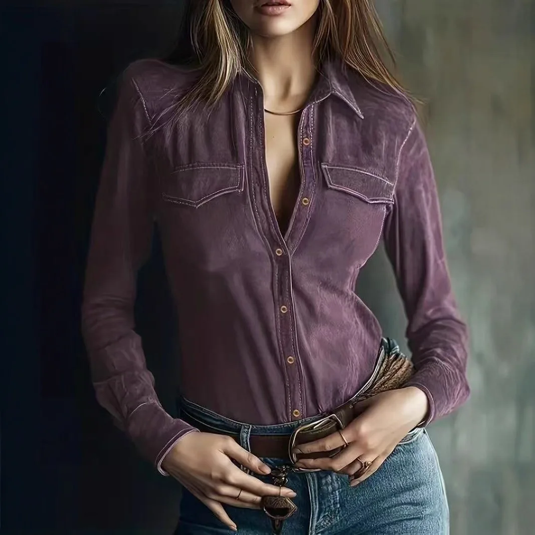 Blusas femininas primavera outono moda nova manga longa magro sólido pele de veado senhora do escritório camisas para mulher casual topo streetwear