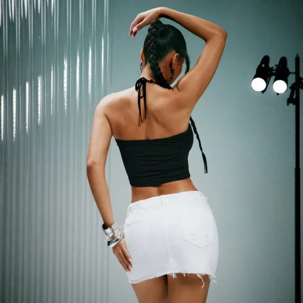 Black Slim Crop Halter Top Women European American Style Beaded Chain Vest