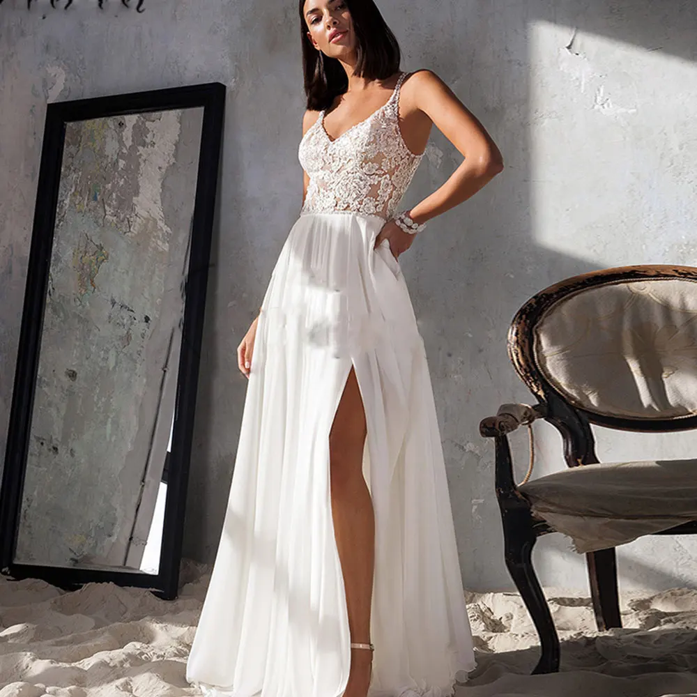 

Simple Wedding Dresses A-line V-neck Backless Beach Wedding Dresses Trailing Dresses for Wedding Banquet