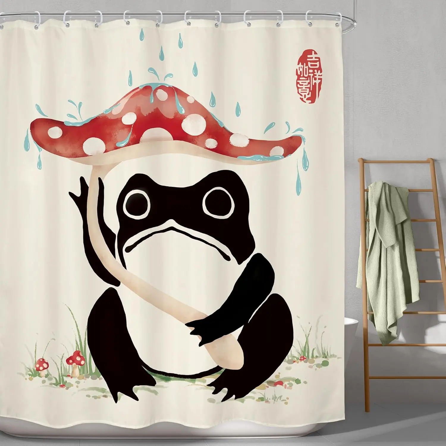 

Funny Frog Shower Curtain Cute Animal Mushroom Asian Traditional Art Lotus Leaf Floral Plant Dinosaur Bathroom Decor with Hooks