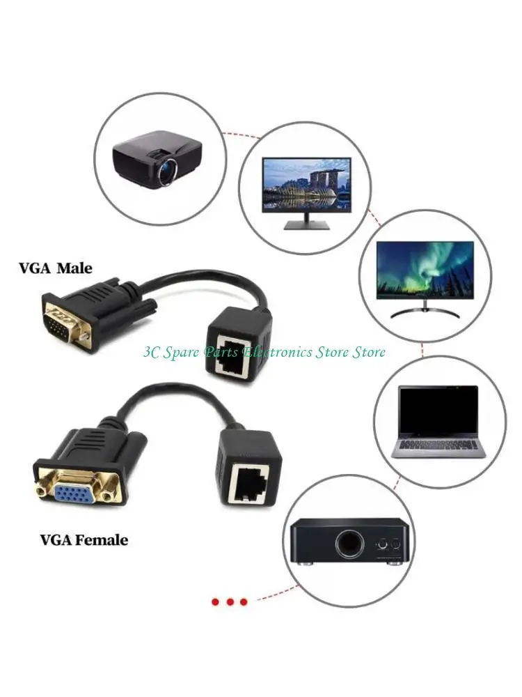 SZ VGA to RJ45 Adapters Cord 15cm VGA to RJ45 Ethernet Port Converters Wire Transmit VGA Through Networks Cable