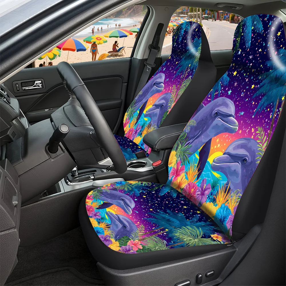 2-5 Seat Set Car Seat Covers Premium Dolphin Palm Tree Print For Trucks SUVs Off-road Cars Festive Halloween Christmas New Year