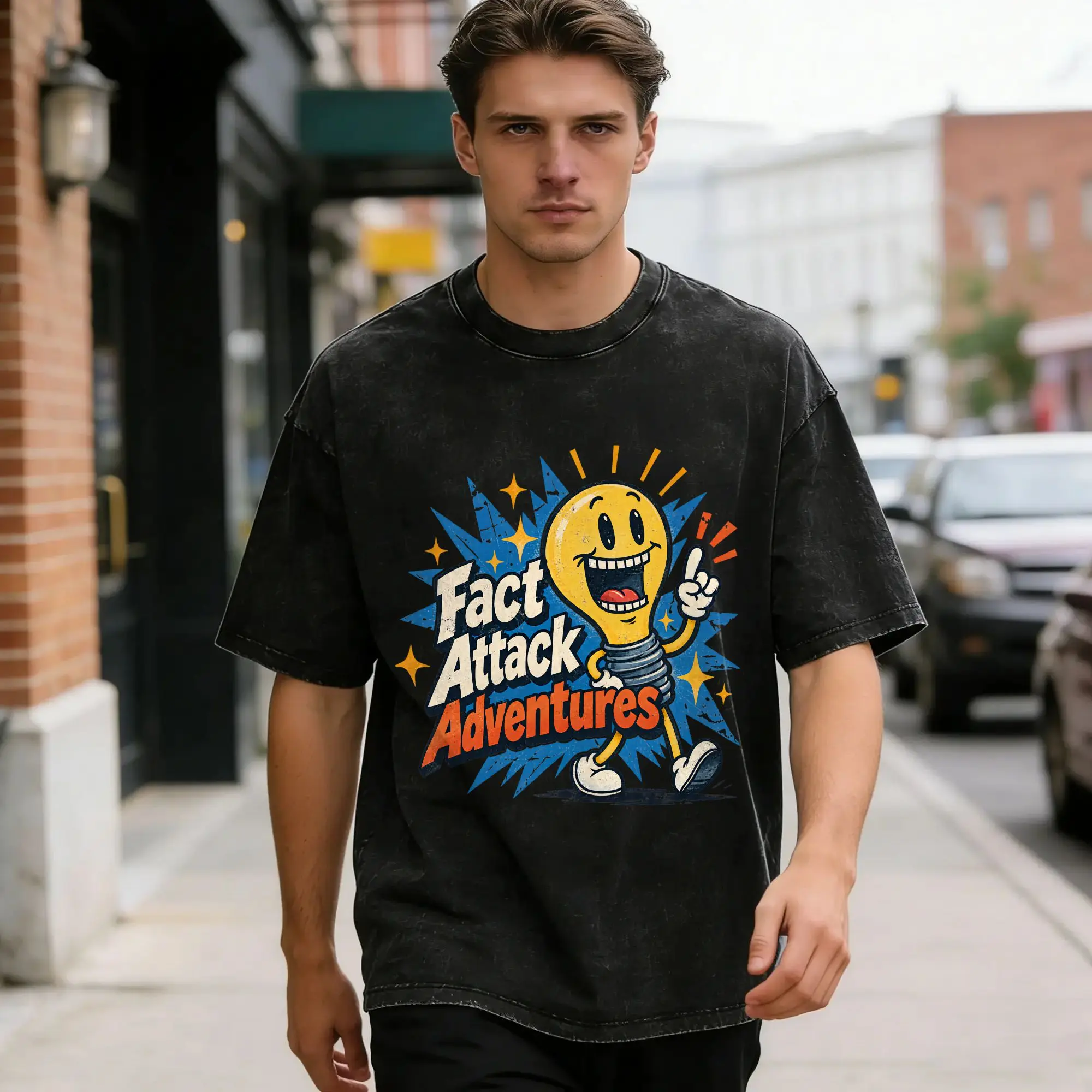 Harajuku Washed T-Shirt Light Bulb Fact Attack Adventures Cotton T Shirts Hipster T Shirt for Men Summer Y2K Classic Casual Tops