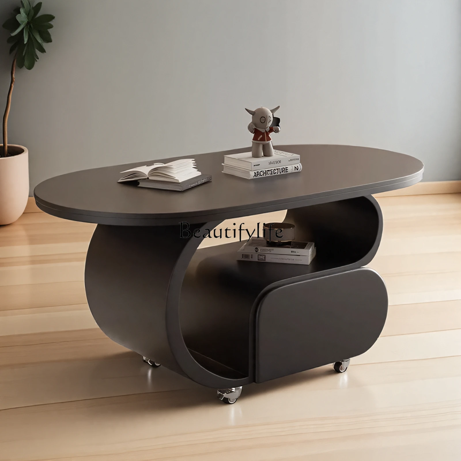 

03.Modern small apartment movable cream wind rock slab coffee table living room home modern simple sofa with wheels side cabinet