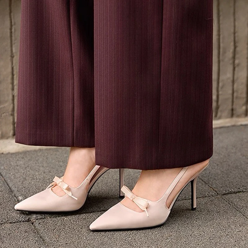 Bow Women High Heels Sandals Pointed Toe Luxury Shoes Pointed Toe Slingback Slippers Fad Stilettos Elegant Pumps Mujer Slides