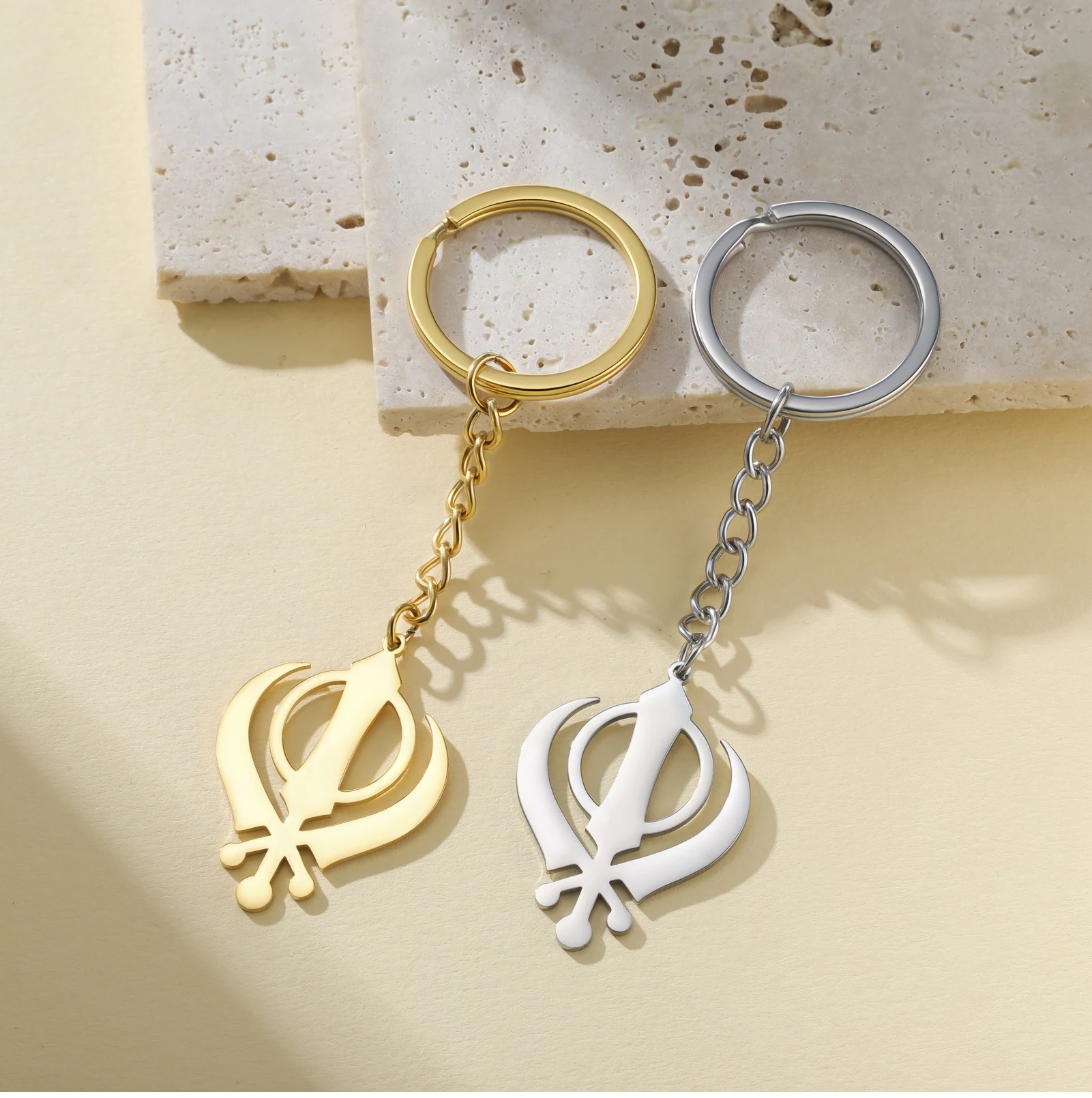 CoolTime 2026 Neuer Khanda Sikh-Symbol Schlüsselanhänger Edelstahl Goldfarben Religiöser Schmuck Amulett Schlüsselring Geschenk für Sikhs – Detail 7