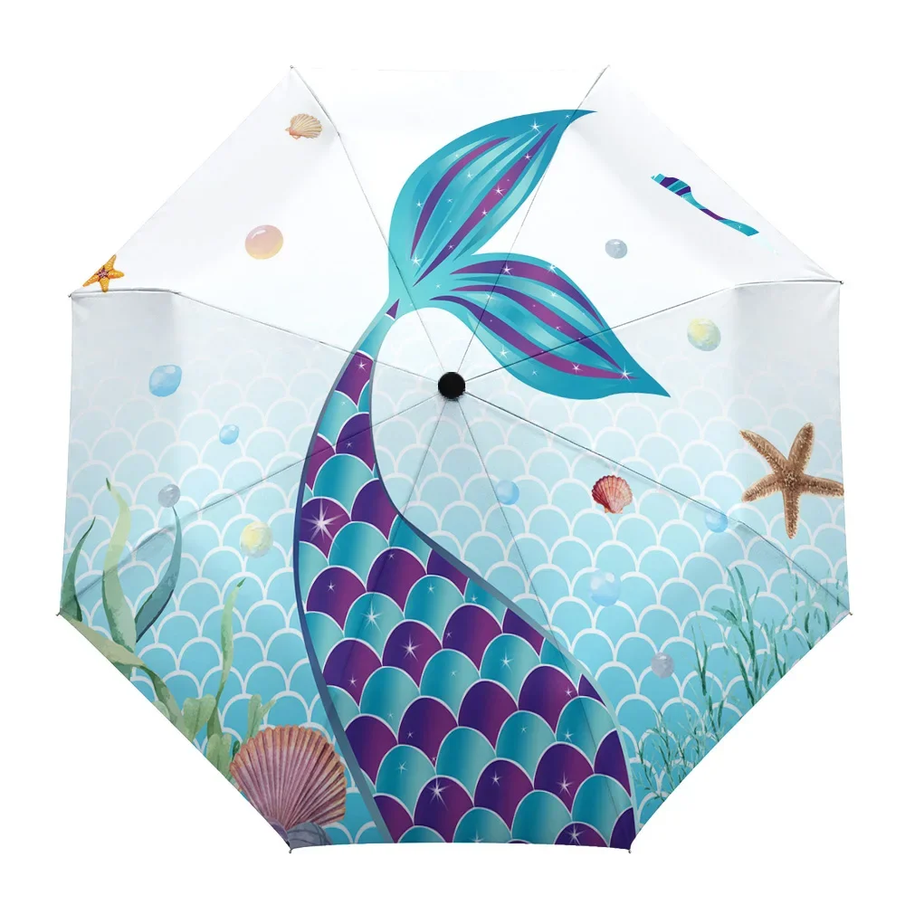 Mermaid Ocean Coral Shell Fully-automatic Umbrella for Outdoor Kids Adults Printed Umbrella Foldable Eight Strand Umbrella