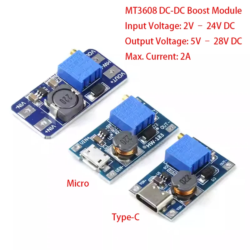 1/2/5 Pack TYPE-C/USB 2A MT3608 DC-DC Step Up Converter Booster Power Supply Module Boost Step-up Board MAX output 26V