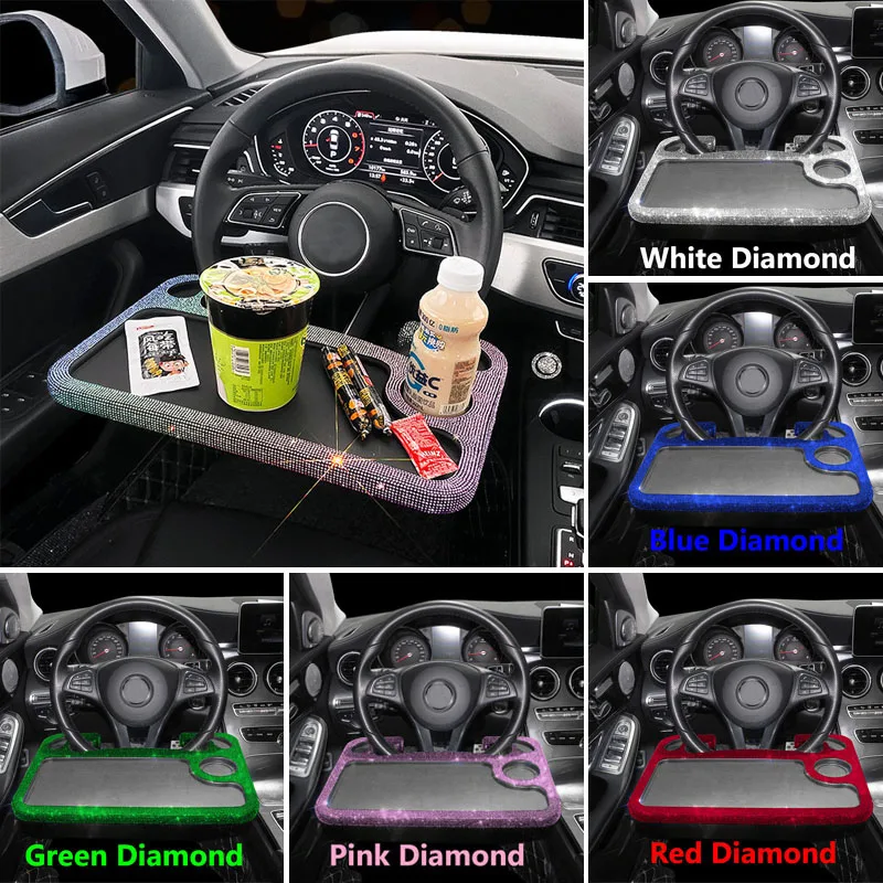 Crystal Diamond Car Table Steering Wheel Portable Drinks Cup Holders Computer Desk Board Coffee Food Tray Car Mount Accessories