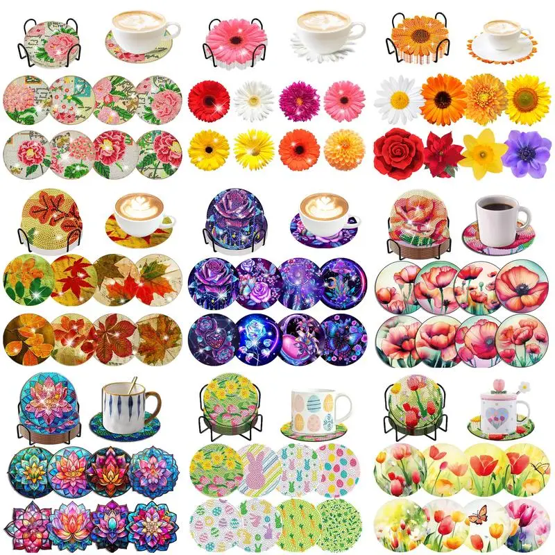 

GATYZTORY 8pc/sets Diamond Painting Coasters with Holder DIY Flower Diamond Art Crafts for Adults Small Diamond Painting Kits