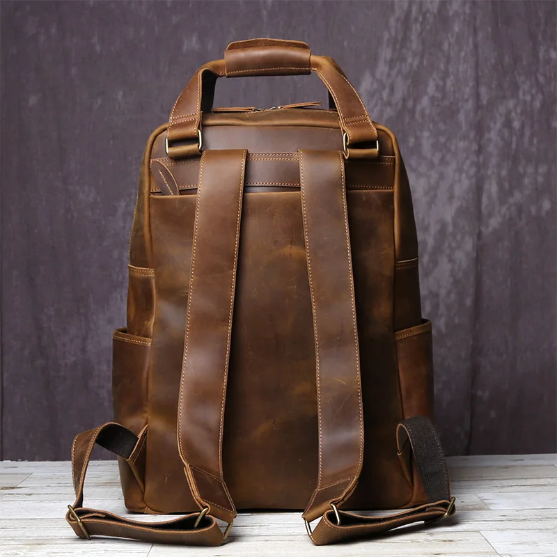 JLFGPJ Handmade Vintage Crazy Horse Leather Large Capacity Backpack Men's Genuine Cowhide Business Travel Computer Bag