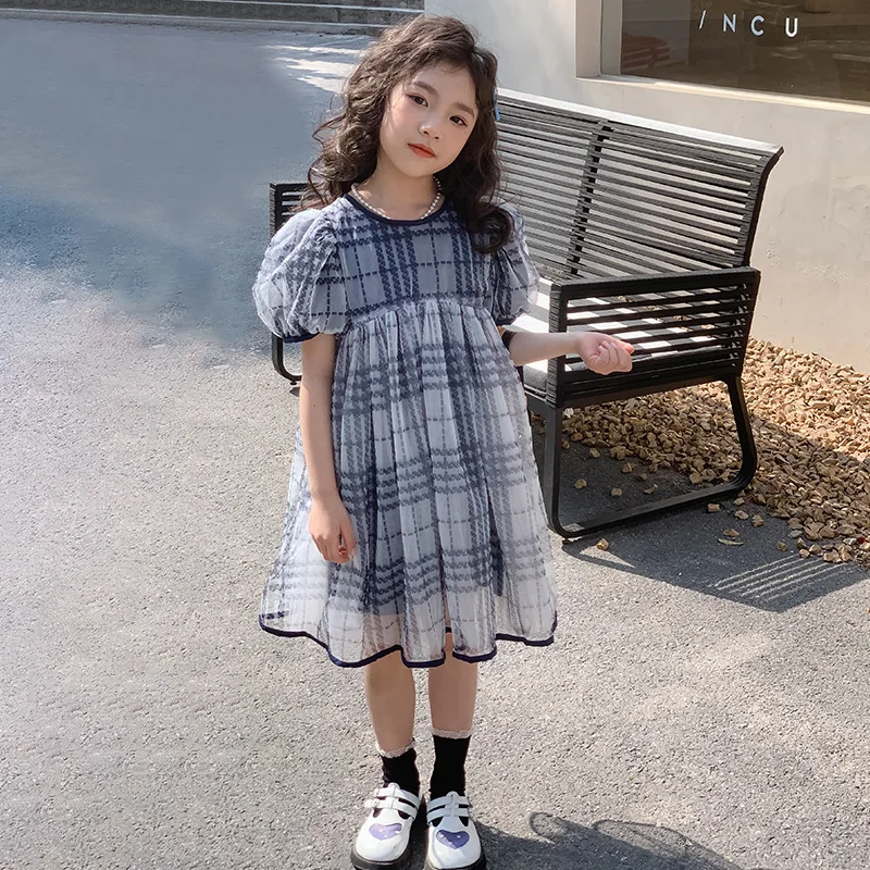 

Korean Summer School Girl One-piece Dress Children Girl Bubble Sleeve Plaid Princess Dress Junior Girl Gauze Breathable Dress