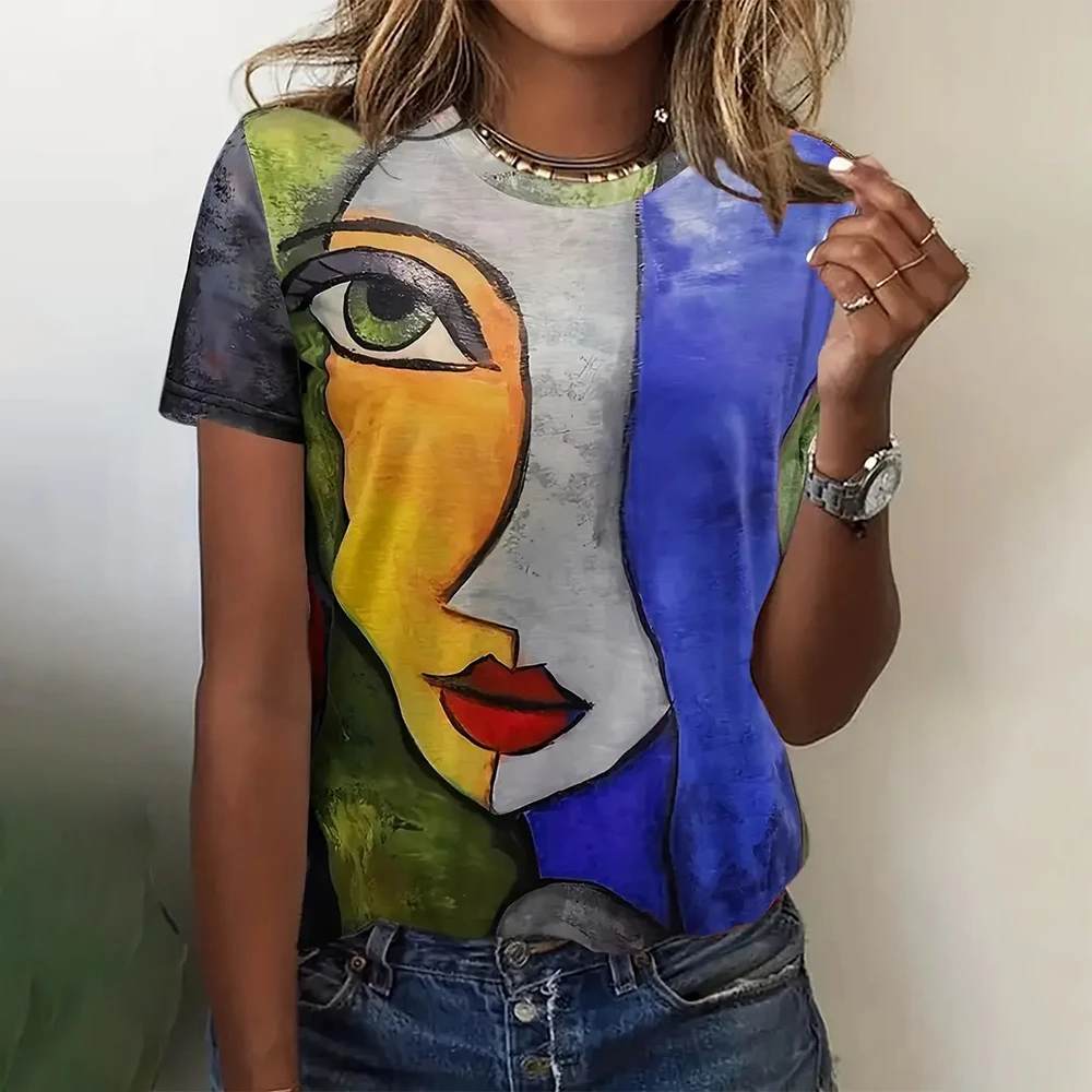 Summer New Funny T-Shirts Abstract Face 3D Print Women's Round Neck Short Sleeve T Shirt Harajuku Tees Y2k Tops Female Clothing