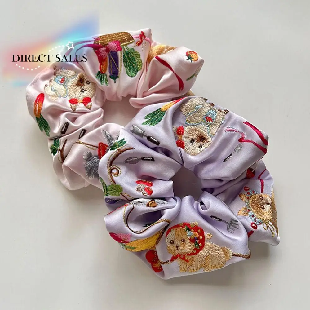 

Pastoral Style Satin Elastic Scrunchies Korean Style Ponytail Holder Embroidery Rabbit Hair Band Floral Hair Accessories