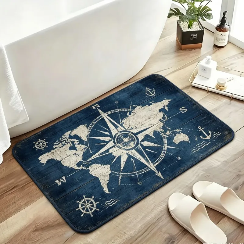 Compass World Map Nautical Rug Navy Wood Texture White Anchor Wheel Print Non Slip  Bath Mat For Traveler Home Bathroom Decor
