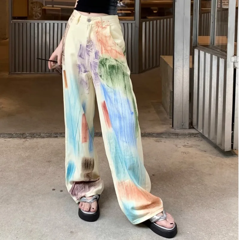 

Floor length loose tie dye colored jeans for women in summer, American style vertical design, niche wide leg pants