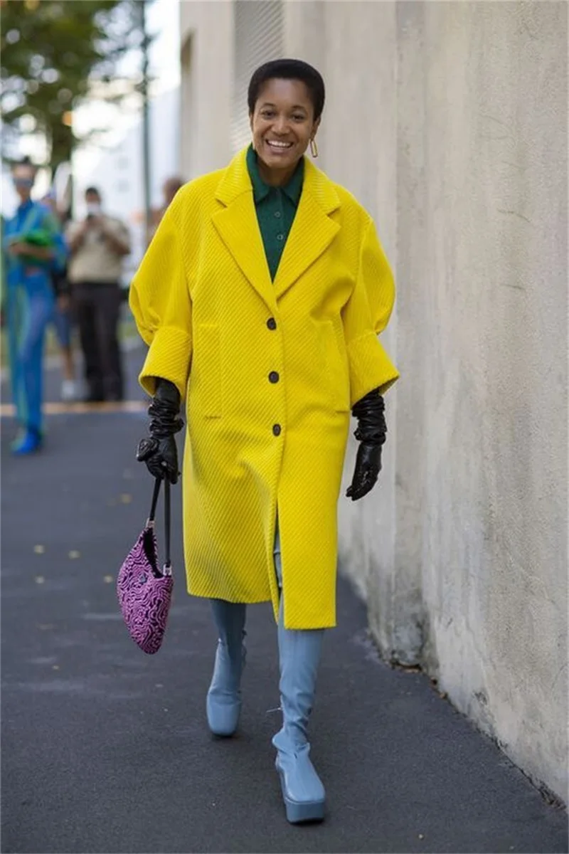 Veludo de inverno feminino ternos blazer longo casaco designer amarelo feito sob encomenda 3/4 mangas completas trench coat jacket outfit feminino