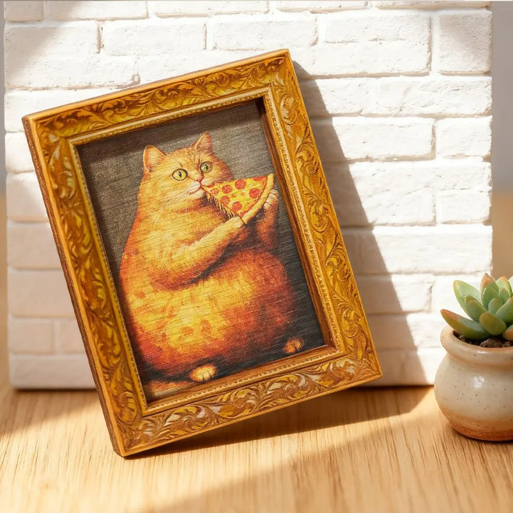 

1 Pcs Greedy Haki Mi Fridge Magnet, Mini Wooden Decor Painting with Orange Cat Eating Pizza Design, Wooden Refrigerator Magnet,