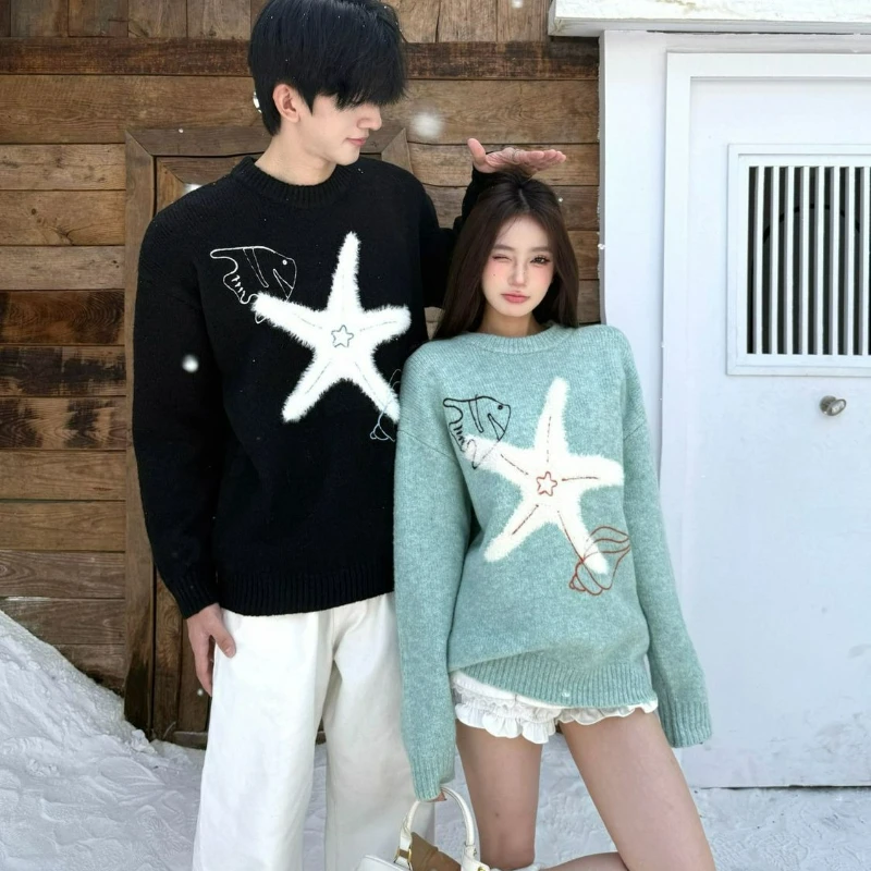 

Осень 2026, элитный стильный свободный вязаный пуловер с откидной спиной, новый модный плюшевый жаккардовый свитер с морской звездой, наряды для пар