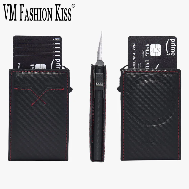 

Men's Credit Card Holder RFID Anti-Theft Brush Magnetic Suction Portable Pop-Up Wallet PU+aluminum Alloy Carbon Fiber Texture
