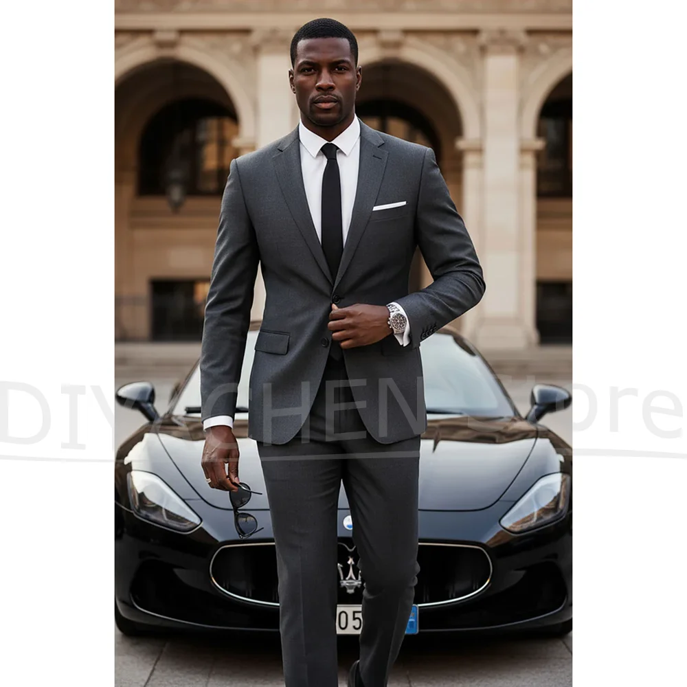 

Men's Slim Fit Gray Suit Set Formal Business Wedding Party Two Piece Jacket and Pants Fashion Single Breasted Tailored Suits