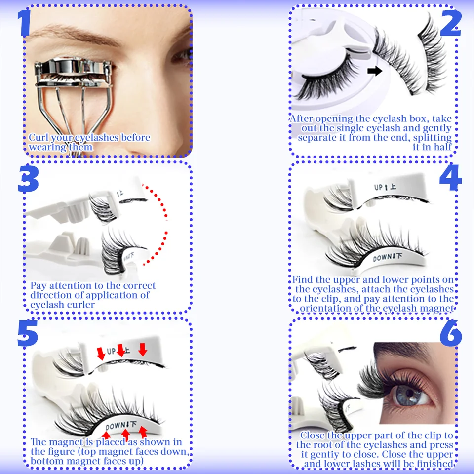 Kit de pestañas magnéticas, 1 par, 3D, visón sintético, suaves, naturales, esponjosas, manga, reutilizables, sin pegamento, banda magnética, herramientas de maquillaje 6