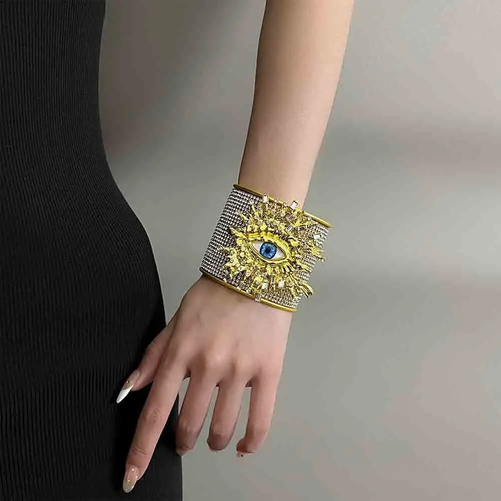 

Metal Exaggerated Wide Open Bangle Alloy Vintage Demon's Eye Bracelets Full Rhinestone Europe American Style