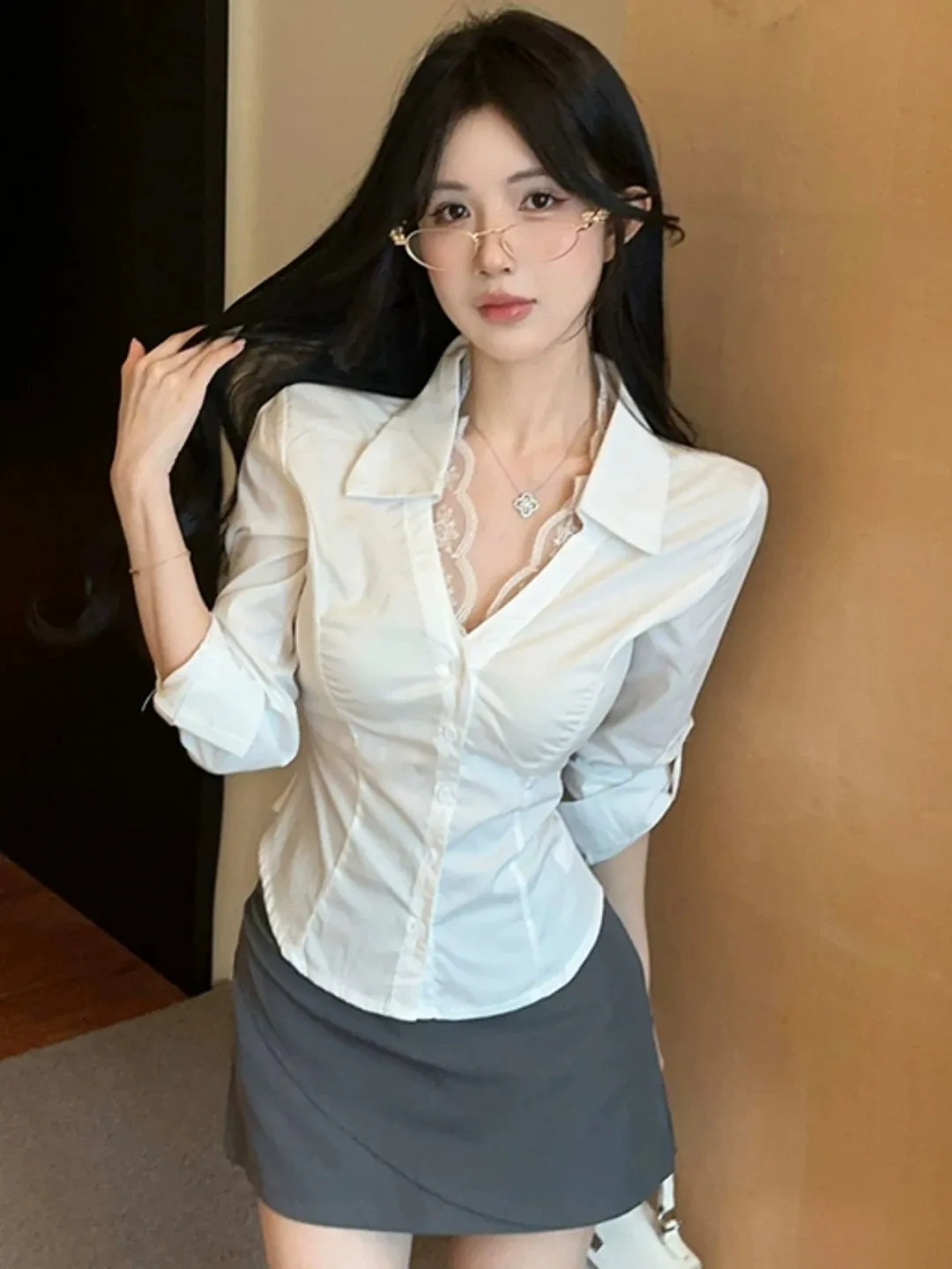 

Elegant Lace Trim V-Neck Long Sleeve Women's Shirt Slim Fit White Spring Summer Sexy Waist-Cinching Top by Bi Yun Ge