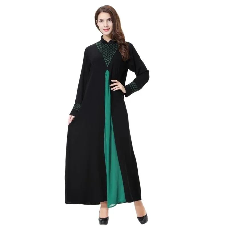 

2025 New Abaya Muslim Arab Middle East Women's Robe Embroidery Stitching Irregular Standing Collar Dress wholesale