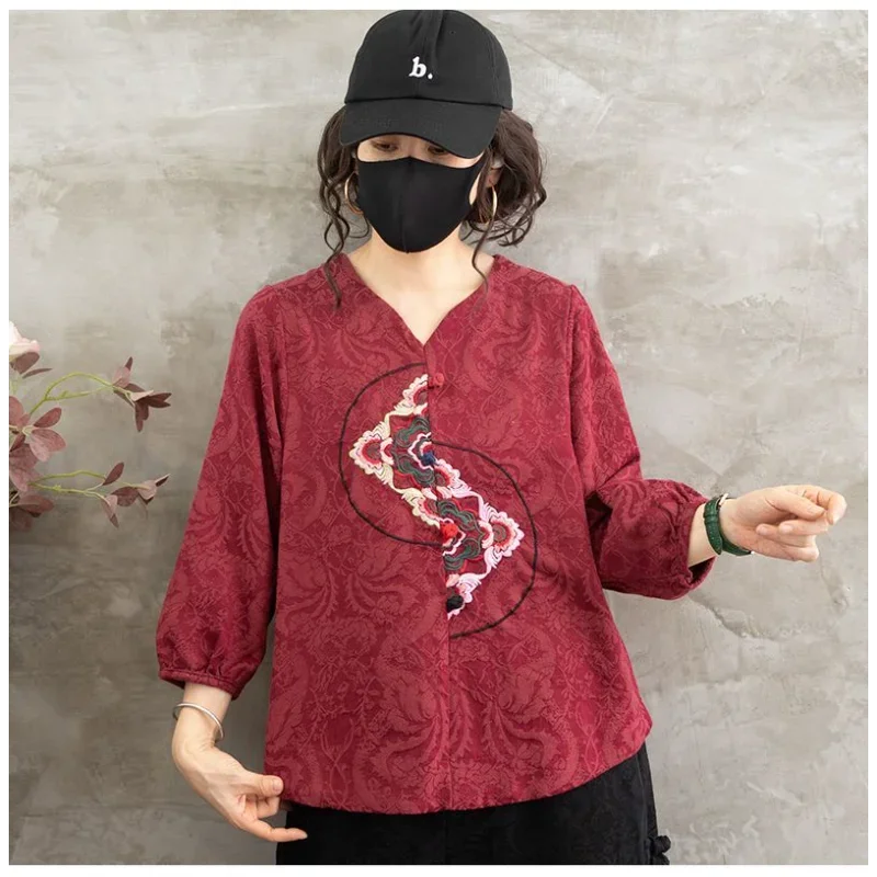 Nine-quarter Sleeve Jacquard Loose T-shirt Plus Size Top 2025 Cotton Linen Mom New Retro Ethnic Style Embroidered