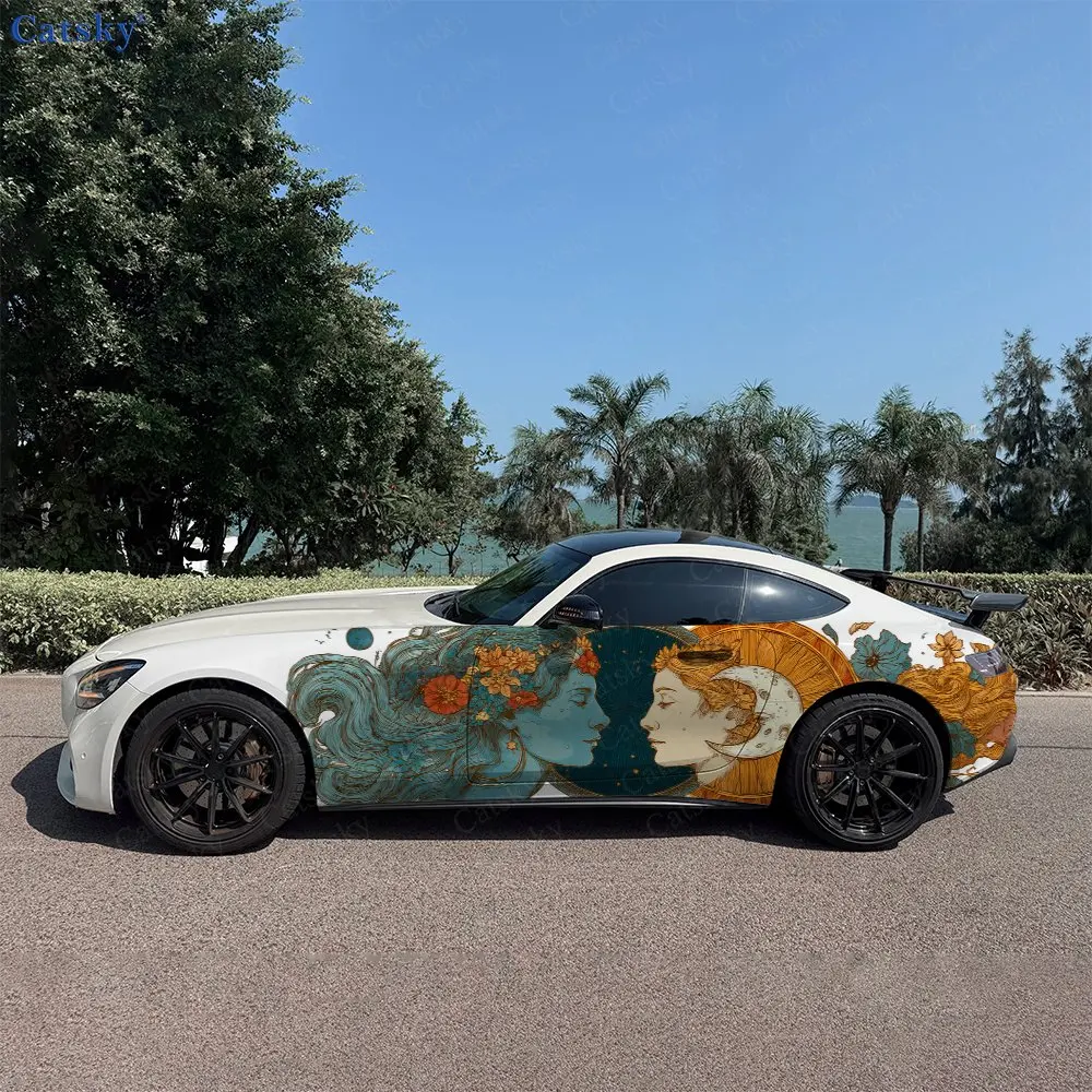2pcs Forest Green Orange Dual Shadow Car Side Wrap, Self-Adhesive PVC Waterproof & Scratch-Resistant Sticker, Car Accessory Gift