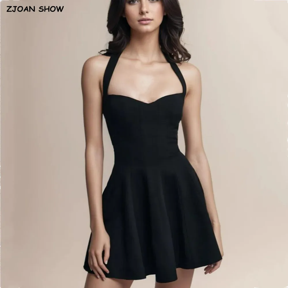 

2025 Sexy Solid Black Halter Sling Mini Dress Women Cross lacing Up Back Low Waist A-Lined Pleated Swing Dresses Party Robe