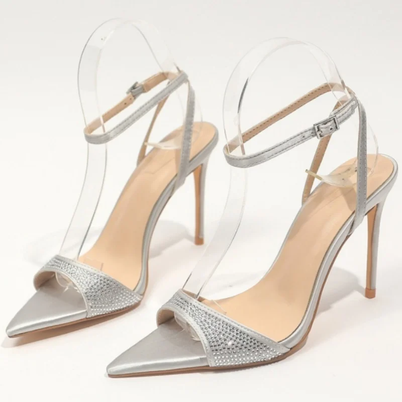 Luxury Silver Women's Sandals Pointed Toe Stiletto Buckle Strap Sparkling Crystal Female Pumps Sexy Ball Party Cool Ladies Shoes