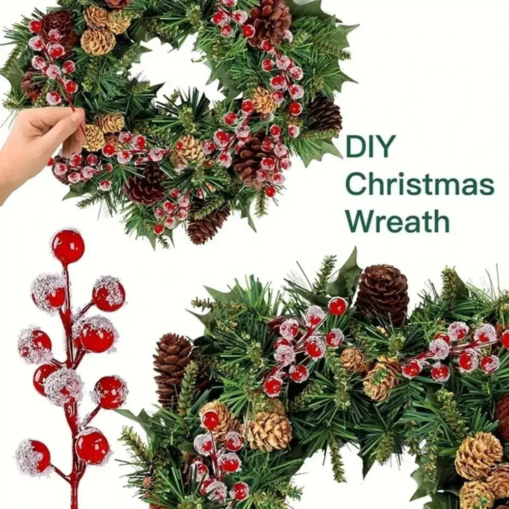 

10Pcs DIY Red Berry Branche Snow Frosted Reusable Christmas Tree Pendant Bendable Wreath Decor Fake Plant Home Decoration