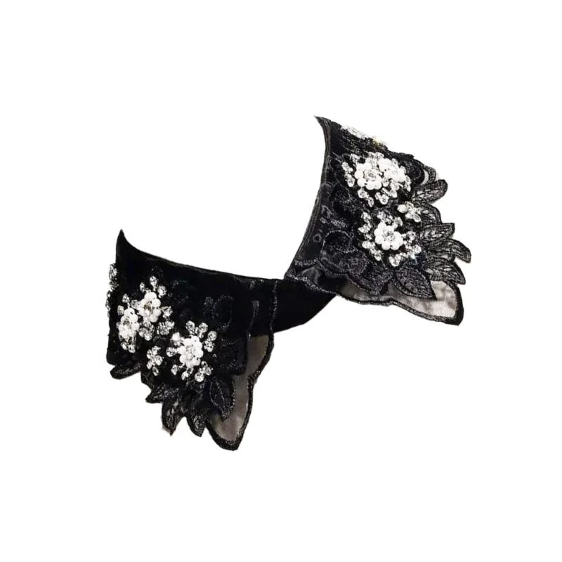 

652F Elegant Lace Fake Collar Shirt Women Embroidery Floral Beaded Lapel Ruffled Organza Removable Collar for Dresses Sweater