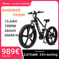 RANDRIDE YX90M Electric Bike, 26'' Fat Tire, 1000W Motor, 48V13.6Ah Battery, 45km/h Max Speed, 100km Range, Hydraulic Brake, LCD