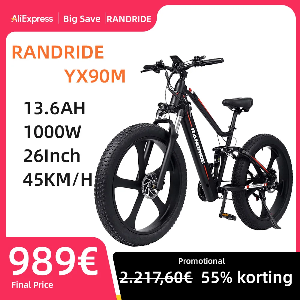 RANDRIDE YX90M Electric Bike, 26'' Fat Tire, 1000W Motor, 48V13.6Ah Battery, 45km/h Max Speed, 100km Range, Hydraulic Brake, LCD