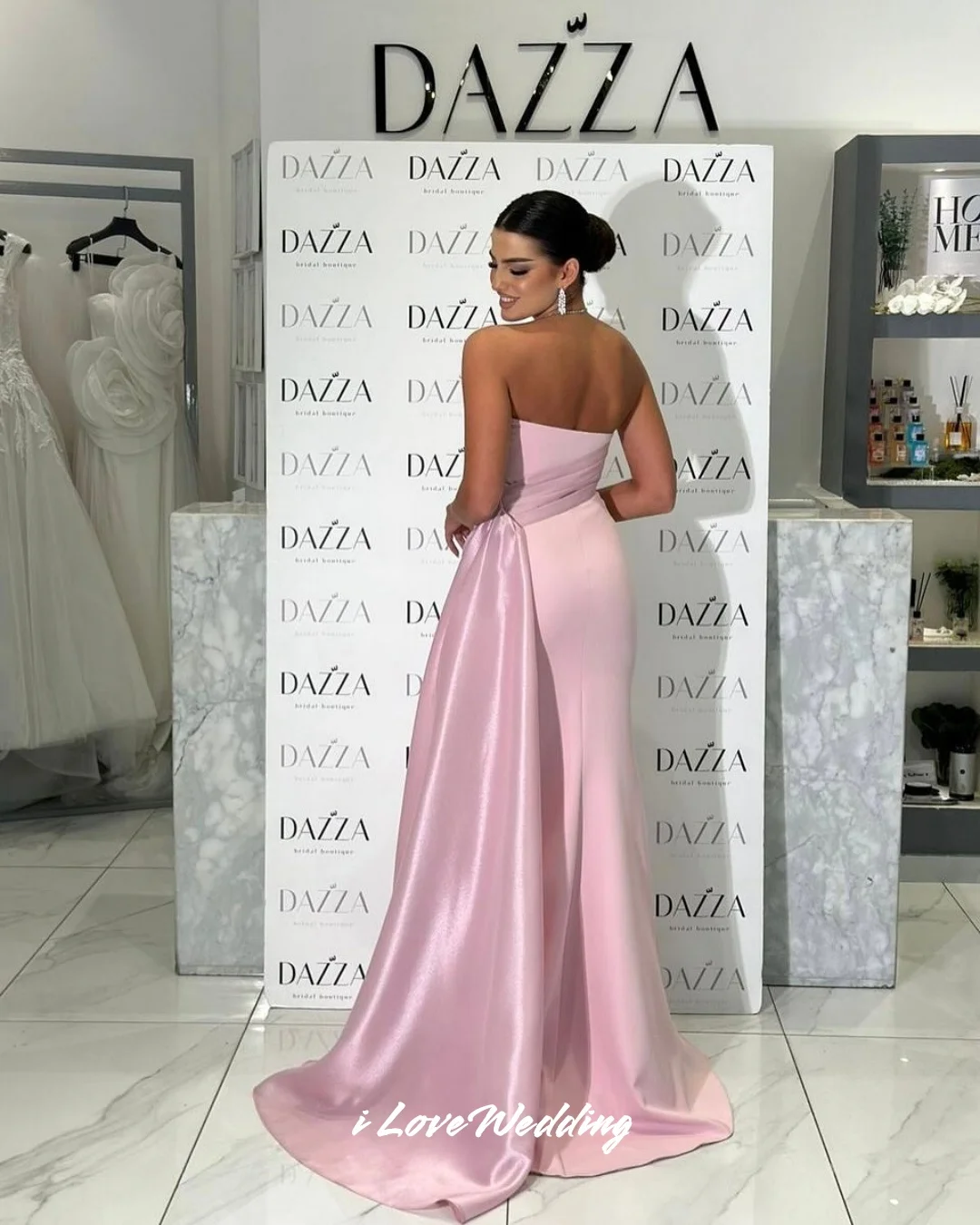 Pink Strapless Evening Dresses 2025 Satin Sleeveless Mermaid Pleated Sweep Train Floor-Length Wedding Party Dresses Customized