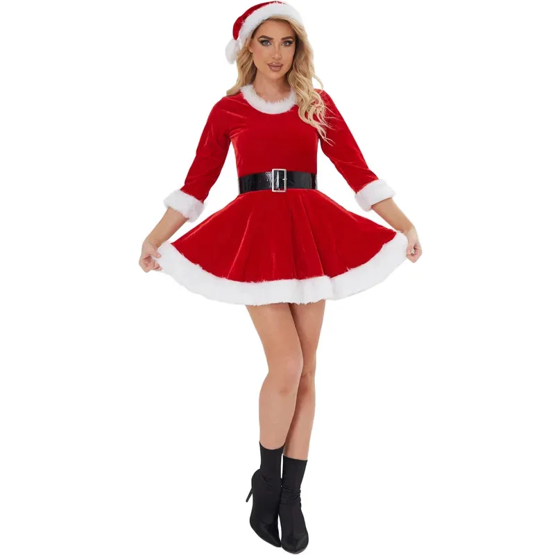 

Women Christmas Santa Cosplay Dress Velvet Babydoll Furry Trim Long Sleeves Cosplay Mini Dresses Xmas Holiday Outfits