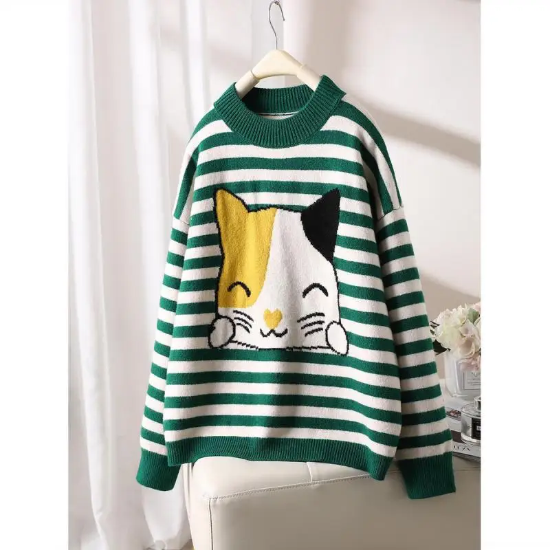 Novo Padrão Harajuku Stripe Cartoon Cat Malhas Femininas Doce Casual Girl Pullover Moda Romance Outono Inverno Mulheres Camisola