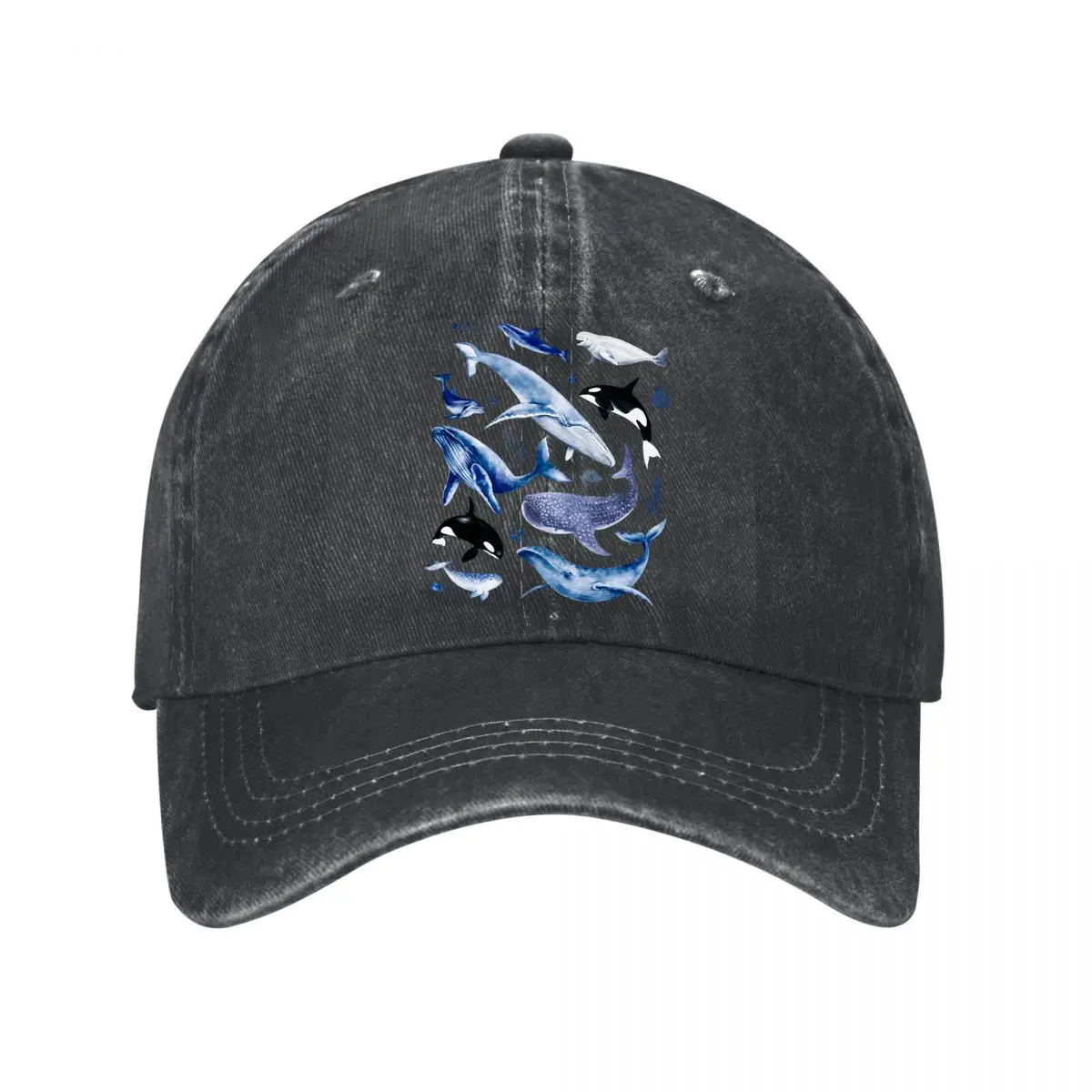 Watercolor Ocean Whales Dolphins Orcas Whale Shark Marine Life Pattern New Vintage Washed Cotton Baseball Cap Sun Hats