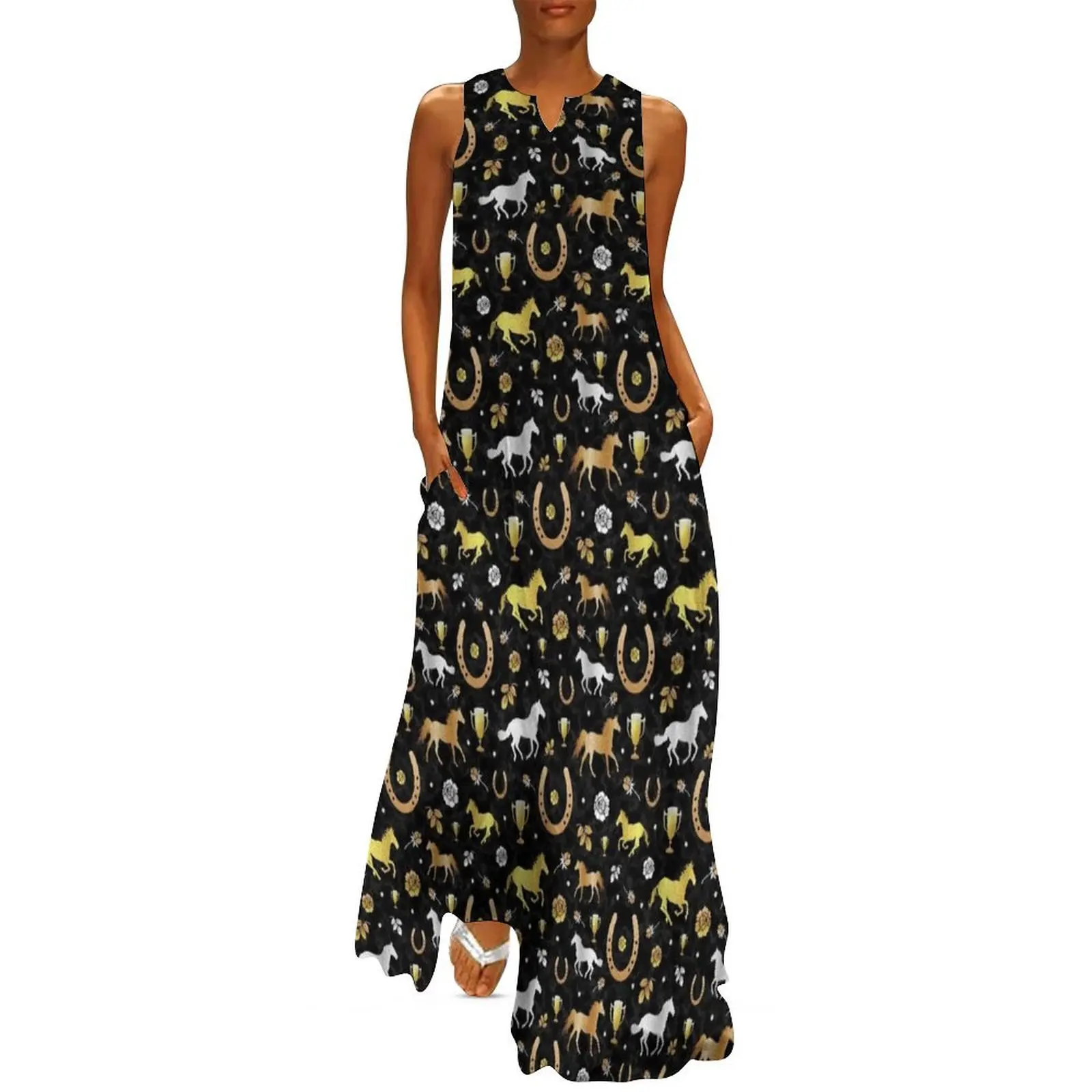 

Horse Racing Derby Day Party Black Gold Pattern Long Dress elegant women's sets dress women summer Cocktail of dresses Dress