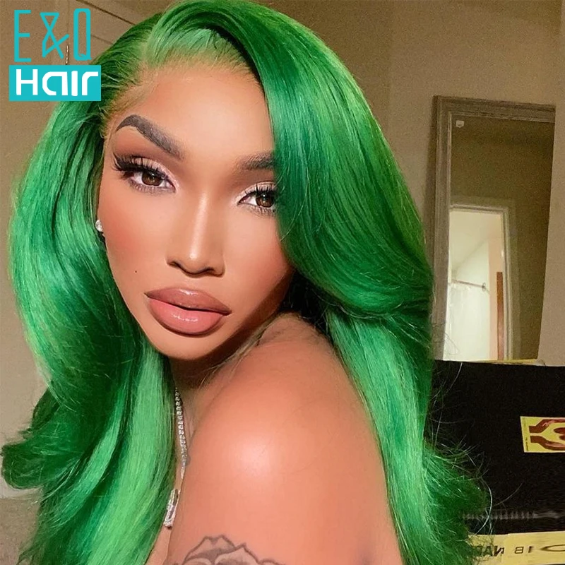 Wig rambut manusia depan renda transparan 13x4 gelombang tubuh alami berwarna hijau cerah Wig Frontal Remy Brasil untuk wanita warna hitam