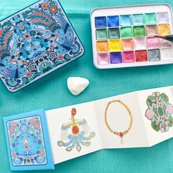 6/24 Color Watercolor Paint Set Chinese Style Kingfisher Glitter Solid Pearlescent Color Pigment Watercolor for Arts Drawing