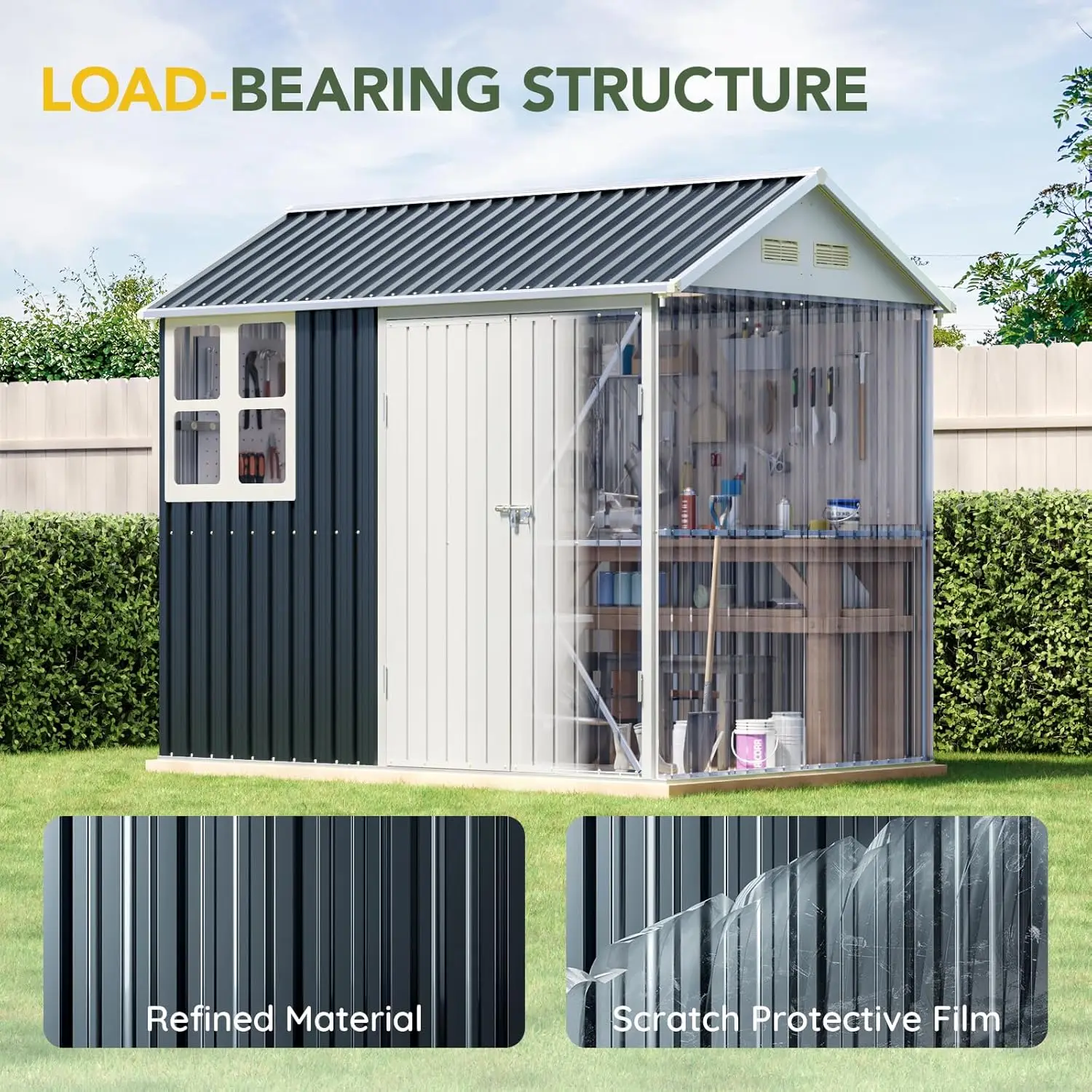 نافذة شفافة لسقيفة فولاذية خارجية مقاس 6X8FT، أبواب قابلة للقفل، سقيفة أدوات معدنية مقاومة للطقس للحديقة والفناء الخلفي وتخزين الفناء.