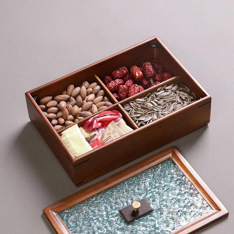

New Chinese Style Split Dried Fruit Plate Household Tea Table Living Room Vintage Solid Wood Storage Box with Lid